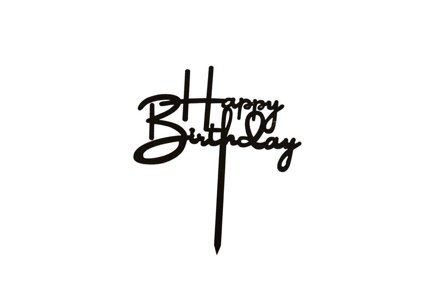 
                  
                    Black 'Happy Birthday' cake topper on a white fabric background
                  
                